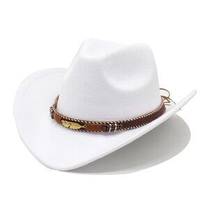 White Western Cowboy Cowgirl Hat – Gold Feather Braid Band,‎ Felt, Men Women
